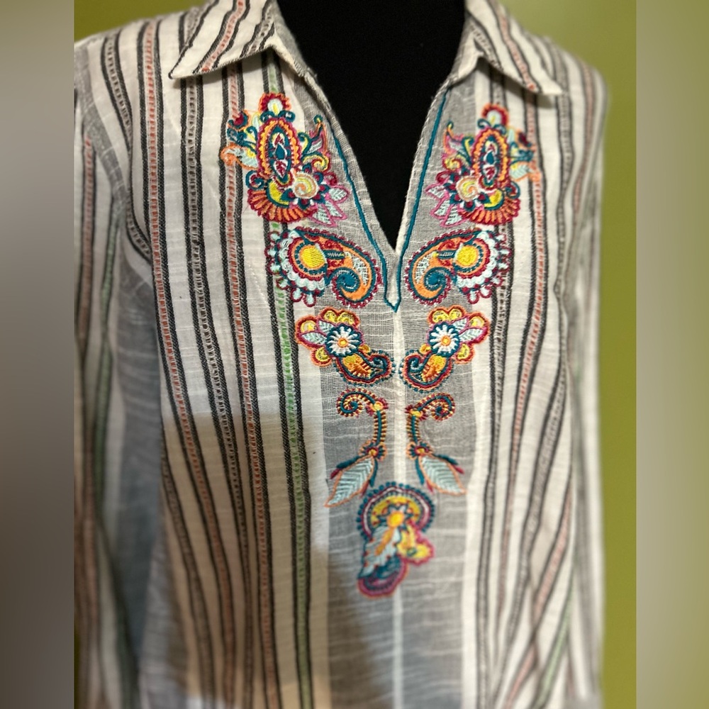 Soft Surroundings Brookhaven Embroidered V-Neck Cotton Striped Tunic
